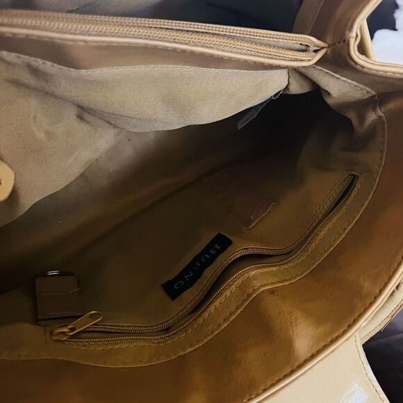 Vintage Bueno Embossed Croc Faux Leather Satchel Bag Purse Duffel Tan Camel Fob - Picture 9 of 14